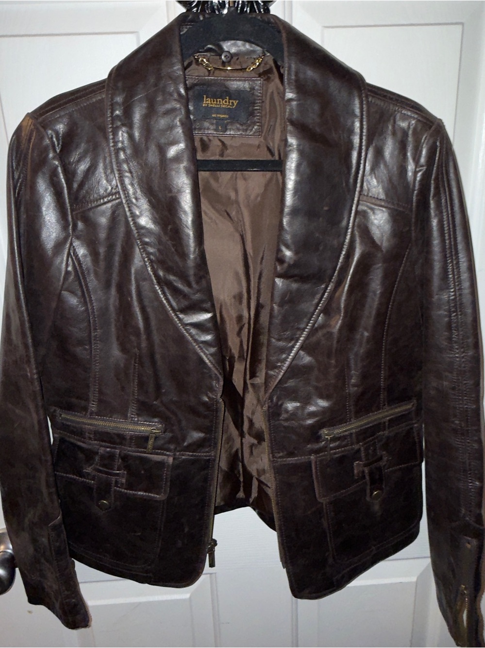 Laundry By Shelli Segal Deep Brown Distressed Genuine Leather Jacket Coat